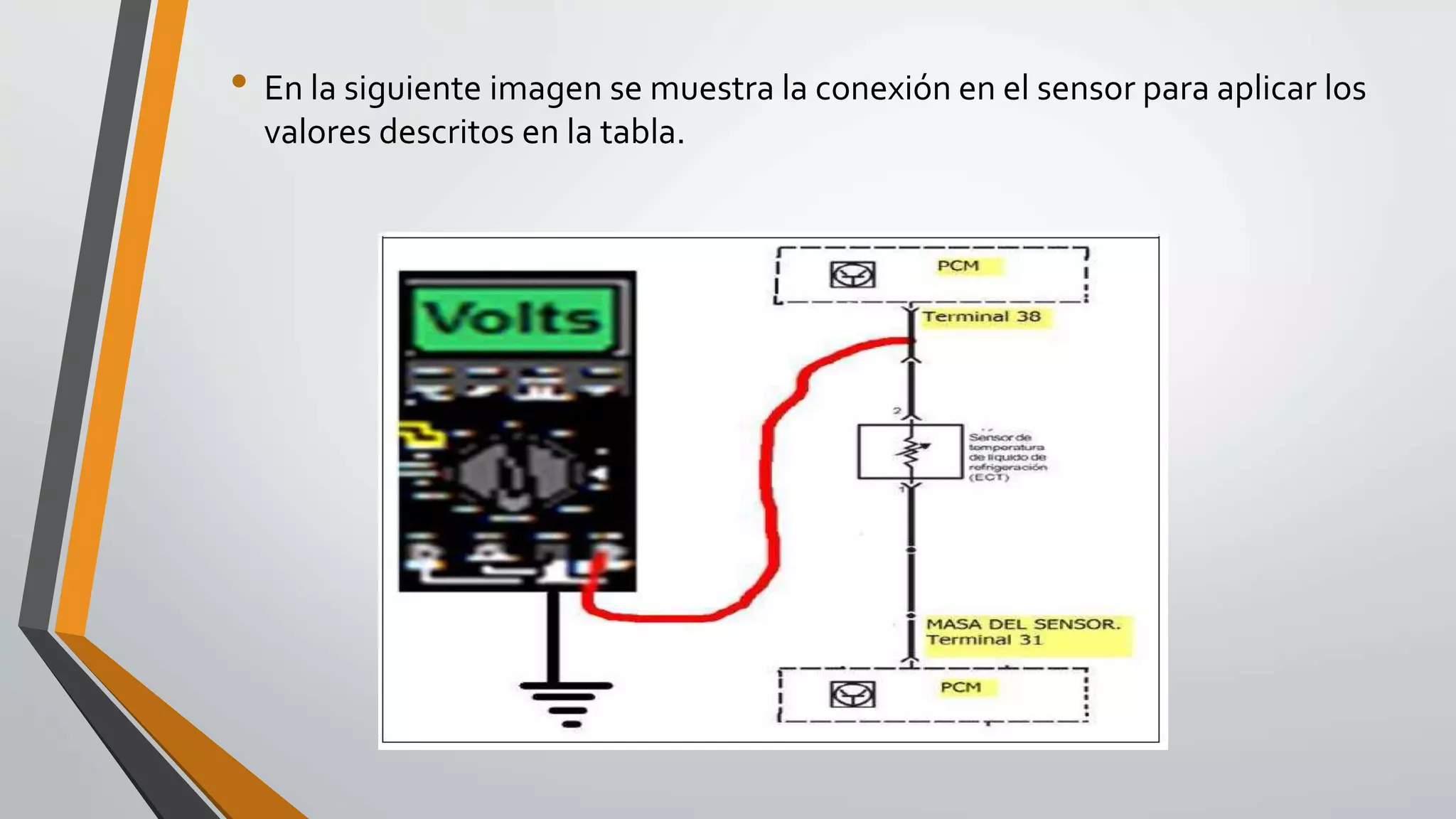 • En la siguiente imagen se muestra la conexión en el sensor para aplicar los
valores descritos en la tabla.
 