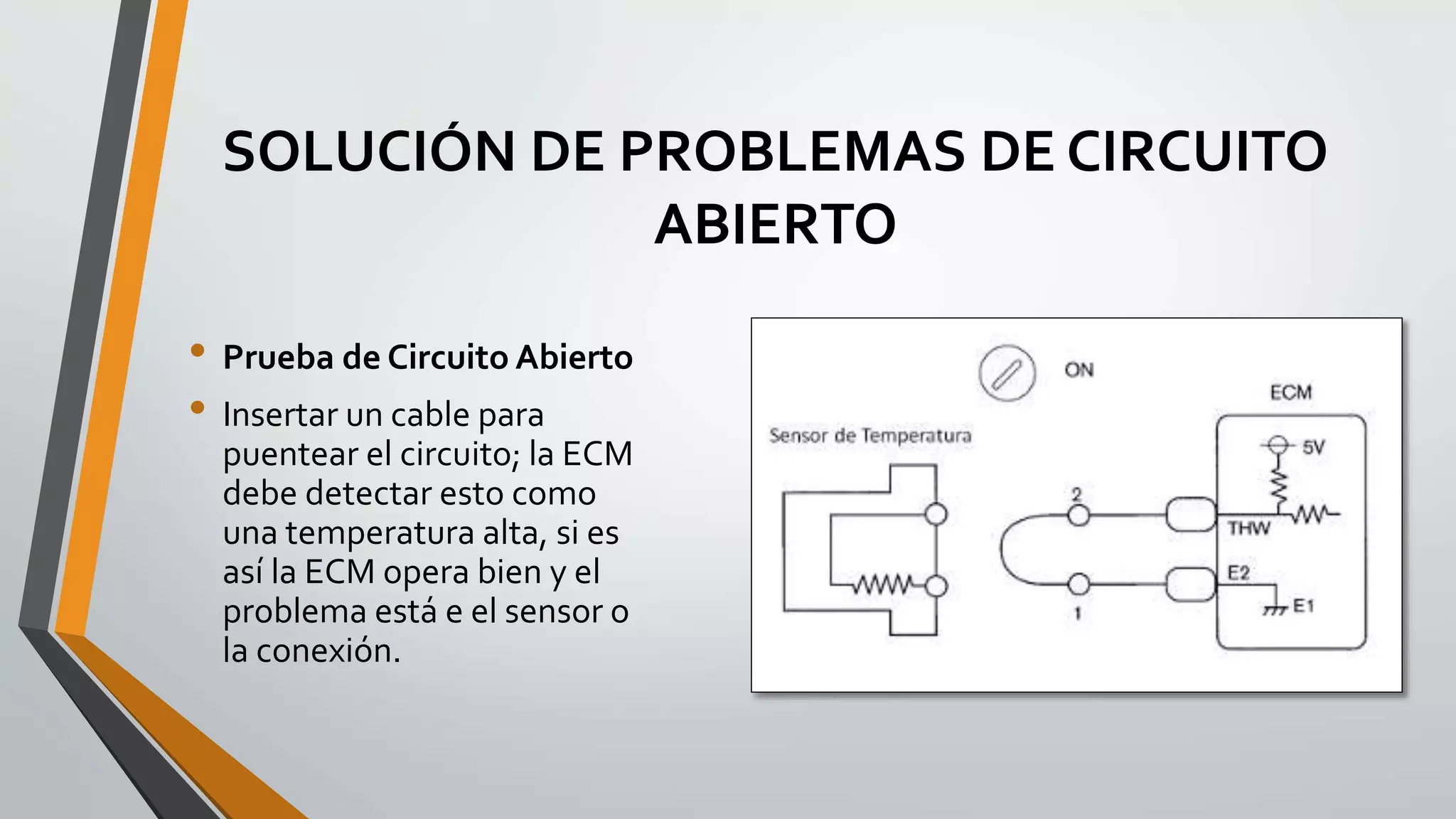 SOLUCIÓN DE PROBLEMAS DE CIRCUITO
ABIERTO
• Prueba de Circuito Abierto
• Insertar un cable para
puentear el circuito; la ECM
debe detectar esto como
una temperatura alta, si es
así la ECM opera bien y el
problema está e el sensor o
la conexión.
 