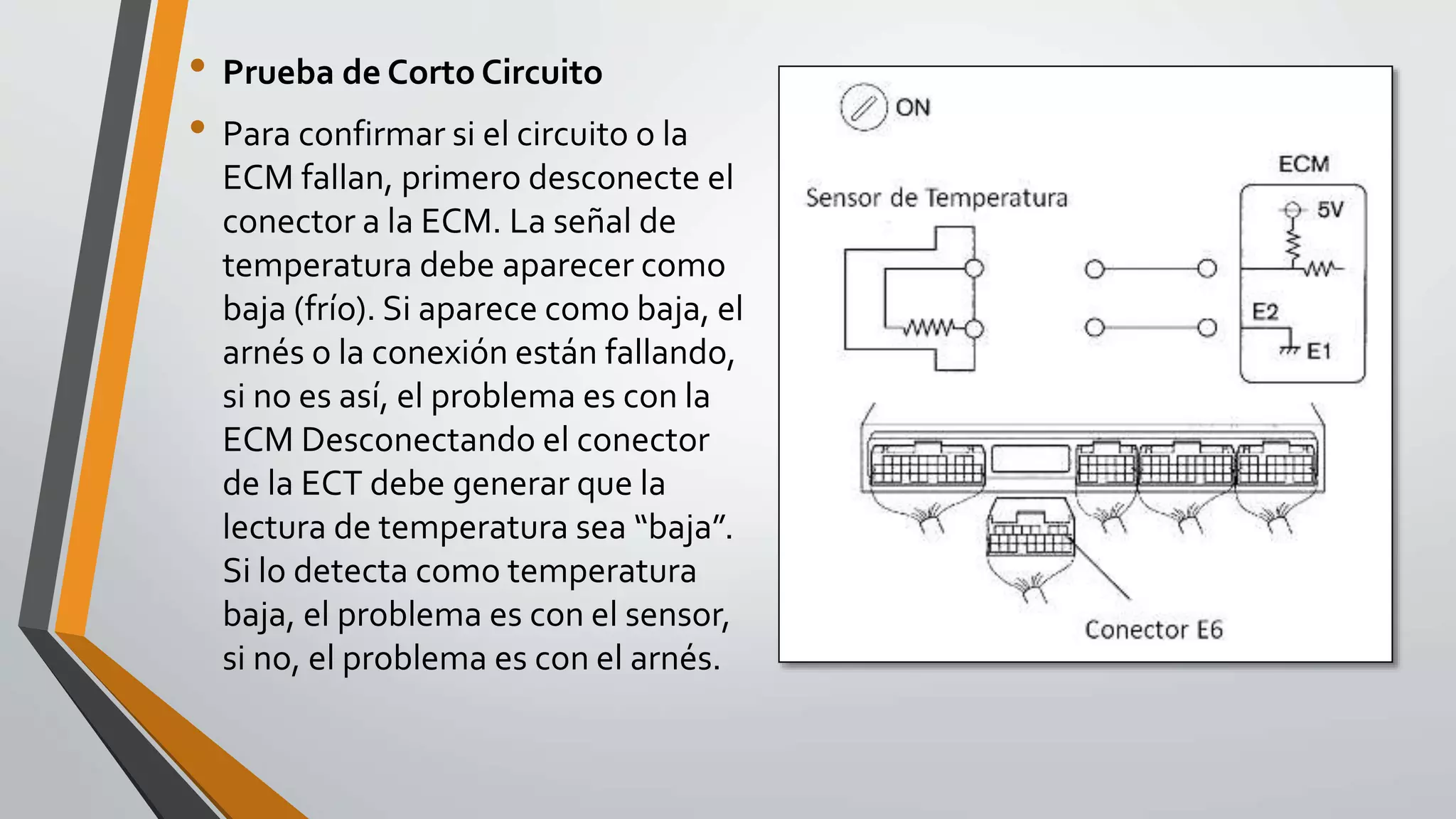 • Prueba de Corto Circuito
• Para confirmar si el circuito o la
ECM fallan, primero desconecte el
conector a la ECM. La señal de
temperatura debe aparecer como
baja (frío). Si aparece como baja, el
arnés o la conexión están fallando,
si no es así, el problema es con la
ECM Desconectando el conector
de la ECT debe generar que la
lectura de temperatura sea “baja”.
Si lo detecta como temperatura
baja, el problema es con el sensor,
si no, el problema es con el arnés.
 