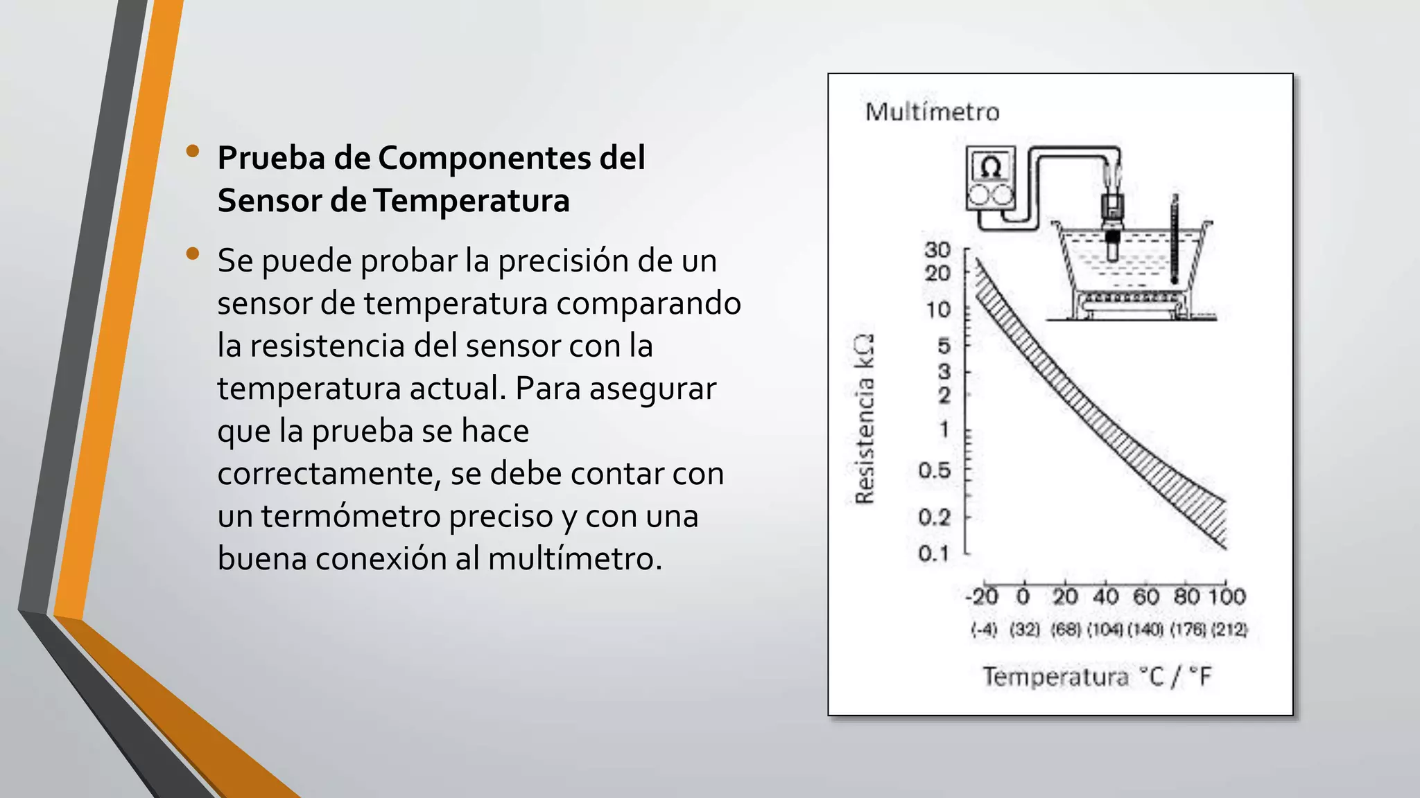 • Prueba de Componentes del
Sensor deTemperatura
• Se puede probar la precisión de un
sensor de temperatura comparando
la resistencia del sensor con la
temperatura actual. Para asegurar
que la prueba se hace
correctamente, se debe contar con
un termómetro preciso y con una
buena conexión al multímetro.
 