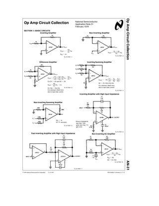 Op Amp Circuit Collection
                                                                                          National Semiconductor
  Op Amp Circuit Collection                                                               Application Note 31
                                                                                          February 1978
  SECTION 1 BASIC CIRCUITS
                Inverting Amplifier                                                                             Non-Inverting Amplifier




                                                                               R2
                                                                 VOUT e b         VIN                                                              R1 a R2
                                                                               R1                                                       VOUT e             VIN
                                                                                                                                                     R1
                                                                 RIN e R1
                                                                                                                                                      TL H 7057 – 2
                                                                        TL H 7057 – 1



                             Difference Amplifier                                                          Inverting Summing Amplifier




                                                     R3         J R1 V
                                                       R1 a R2     R4          R2
                                           VOUT e                         2b      V1

                                                                                                                                         R1                 J
                                                          a R4                 R1                                                         V1       V2  V
                                                                                                                          VOUT e b R4          a      a 3
                                           For R1 e R3 and R2 e R4                                                                                 R2  R3

                                                    R2                                                                    R5 e R1UR2UR3UR4
                                           VOUT e      (V2 b V1)
                                                    R1                                                                    For minimum offset error
                                                                     TL H 7057 – 3                                        due to input bias current
                                           R1UR2 e R3UR4
                                           For minimum offset error                                                                                   TL H 7057 – 4
                                           due to input bias current
                                                                                                Inverting Amplifier with High Input Impedance



                   Non-Inverting Summing Amplifier




                                                         RS e 1k
                                                                                           Source Impedance
                                                        for 1% accuracy
                                                                                           less than 100k
                                                                        TL H 7057 – 5      gives less than 1%
                                                                                           gain error


                                                                                                                                                      TL H 7057 – 6
               Fast Inverting Amplifier with High Input Impedance                                                 Non-Inverting AC Amplifier




                                                                                                                                               R1 a R2
                                                                                                                                      VOUT e           VIN
                                                                                                                                                 R1
                                                                                                                                       RIN e R3
                                                                                                                                       R3 e R1UR2
                                                                                                                                                                       AN-31




                                                                                                                                                      TL H 7057 – 8




                                                                                        TL H 7057 – 7

C1995 National Semiconductor Corporation   TL H 7057                                                                                    RRD-B30M115 Printed in U S A
 