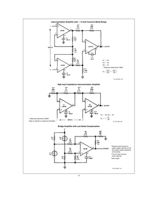 Instrumentation Amplifier with g 10 Volt Common Mode Range




                                                                                          R1 e R4
                                                                                          R2 e R5
                                                                                          R6 e R7
                                                                                            Matching Determines CMRR


                                                                                                            J
                                                                                                 R6    2R1
                                                                                          AV e      1a
                                                                                                 R2    R3



                                                                                                          TL H 7057 – 45



                                       High Input Impedance Instrumentation Amplifier




                                                                                        R1 e R4 R2 e R3
                                                                                                   R1
 Matching determines CMRR                                                               AV e 1 a
                                                                                                   R2
May be deleted to maximize bandwidth                                                                     TL H 7057 – 46


                                       Bridge Amplifier with Low Noise Compensation




                                                                                                        Reduces feed through of
                                                                                                        power supply noise by 20 dB
                                                                                                        and makes supply bypassing
                                                                                                        unnecessary
                                                                                                        Trim for best common
                                                                                                        mode rejection
                                                                                                        Gain adjust




                                                                                                        TL H 7057 – 47




                                                            11
 