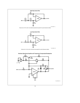 High Pass Active Filter




                                                                                                   TL H 7057 – 71
  Values are for 100 Hz cutoff Use metalized polycarbonate capacitors for good temperature stability




                                   Low Pass Active Filter




                                                                                                       TL H 7057 – 72
       Values are for 10 kHz cutoff Use silvered mica capacitors for good temperature stability




Nonlinear Operational Amplifier with Temperature Compensated Breakpoints




                                                                                                                        TL H 7057 – 73




                                                 18
 