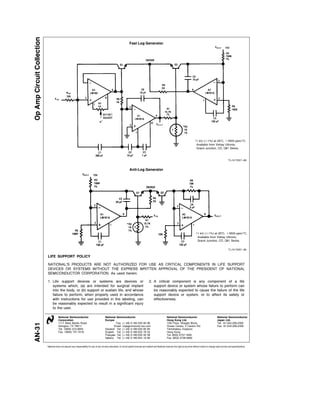 Op Amp Circuit Collection
                                                                                                                       Fast Log Generator




                                                                                                                                                                                                  1 kX ( g 1%) at 25 C a 3500 ppm C
                                                                                                                                                                                                  Available from Vishay Ultronix
                                                                                                                                                                                                  Grand Junction CO Q81 Series



                                                                                                                                                                                                                                     TL H 7057 – 89


                                                                                                                       Anti-Log Generator




                                                                                                                                                                                                   1 kX ( g 1%) at 25 C a 3500 ppm C
                                                                                                                                                                                                   Available from Vishay Ultronix
                                                                                                                                                                                                   Grand Junction CO Q81 Series


                                                                                                                                                                                                                                     TL H 7057 – 90

                            LIFE SUPPORT POLICY

                            NATIONAL’S PRODUCTS ARE NOT AUTHORIZED FOR USE AS CRITICAL COMPONENTS IN LIFE SUPPORT
                            DEVICES OR SYSTEMS WITHOUT THE EXPRESS WRITTEN APPROVAL OF THE PRESIDENT OF NATIONAL
                            SEMICONDUCTOR CORPORATION As used herein

                            1 Life support devices or systems are devices or                                                                 2 A critical component is any component of a life
                              systems which (a) are intended for surgical implant                                                              support device or system whose failure to perform can
                              into the body or (b) support or sustain life and whose                                                           be reasonably expected to cause the failure of the life
                              failure to perform when properly used in accordance                                                              support device or system or to affect its safety or
                              with instructions for use provided in the labeling can                                                           effectiveness
                              be reasonably expected to result in a significant injury
                              to the user

                                        National Semiconductor                              National Semiconductor                                               National Semiconductor                                  National Semiconductor
                                        Corporation                                         Europe                                                               Hong Kong Ltd                                           Japan Ltd
                                        1111 West Bardin Road                                        Fax (a49) 0-180-530 85 86                                   13th Floor Straight Block                               Tel 81-043-299-2309
AN-31




                                        Arlington TX 76017                                          Email cnjwge tevm2 nsc com                                   Ocean Centre 5 Canton Rd                                Fax 81-043-299-2408
                                        Tel 1(800) 272-9959                                 Deutsch Tel (a49) 0-180-530 85 85                                    Tsimshatsui Kowloon
                                        Fax 1(800) 737-7018                                 English Tel (a49) 0-180-532 78 32                                    Hong Kong
                                                                                            Fran ais Tel (a49) 0-180-532 93 58                                   Tel (852) 2737-1600
                                                                                            Italiano Tel (a49) 0-180-534 16 80                                   Fax (852) 2736-9960


                            National does not assume any responsibility for use of any circuitry described no circuit patent licenses are implied and National reserves the right at any time without notice to change said circuitry and specifications
 
