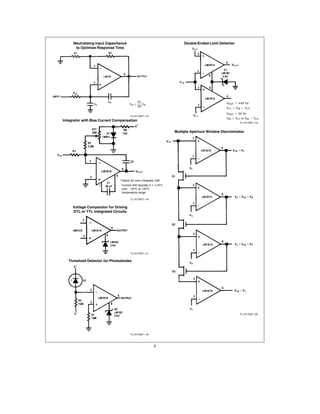 Neutralizing Input Capacitance                                      Double-Ended Limit Detector
      to Optimize Response Time




                                             R1                                                 VOUT e 4 6V for
                                      CN s      CS
                                             R2
                                                                                                VLT s VIN s VUT

                                                                                                VOUT e 0V for
                                       TL H 7057 – 15
                                                                                                VIN k VLT or VIN l VUT
Integrator with Bias Current Compensation
                                                                                                         TL H 7057 – 19


                                                                    Multiple Aperture Window Discriminator




                                Adjust for zero integrator drift
                                Current drift typically 0 1 n A C
                                over b 55 C to 125 C
                                temperature range

                                       TL H 7057 – 16


     Voltage Comparator for Driving
     DTL or TTL Integrated Circuits




                                       TL H 7057 – 17

   Threshold Detector for Photodiodes




                                                                                                         TL H 7057 – 20




                                       TL H 7057 – 18



                                                          3
 
