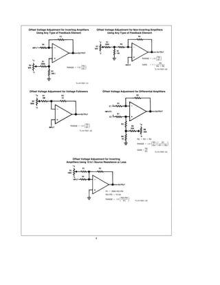 Offset Voltage Adjustment for Inverting Amplifiers       Offset Voltage Adjustment for Non-Inverting Amplifiers
      Using Any Type of Feedback Element                         Using Any Type of Feedback Element




                                                                                                                      R1 J
                                                                                                                      R2
                                                                                                      RANGE e g V

                                                                                                                       R5
                                                                                                      GAIN     e1a

                                              J
                                             R2                                                                      R4 a R2
                               RANGE e g V
                                             R1                                                                   TL H 7057 – 22




                                       TL H 7057–21



Offset Voltage Adjustment for Voltage Followers              Offset Voltage Adjustment for Differential Amplifiers




                                                 R1 J
                                                  R3
                                  RANGE e g V

                                          TL H 7057–23



                                                                                                R2 e R3 a R4


                                                                                                                R4 J  R1           J
                                                                                                                R5            R1
                                                                                                RANGE e g V
                                                                                                                              a R3
                                                                                                         R2
                                                                                                GAIN e
                                                                                                         R1       TL H 7057 – 24



                                   Offset Voltage Adjustment for Inverting
                               Amplifiers Using 10 kX Source Resistance or Less




                                                                R1 e 2000 R3UR4
                                                                R4UR3 s 10 kX


                                                                                         J
                                                                                  R3UR4
                                                                RANGE e g V
                                                                                    R1        TL H 7057 – 25




                                                         4
 