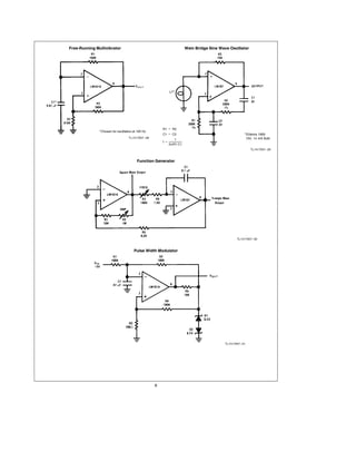 Free-Running Multivibrator                                           Wein Bridge Sine Wave Oscillator




                                                      R1 e R2
               Chosen for oscillation at 100 Hz
                                                      C1 e C2                                             Eldema 1869
                                  TL H 7057–28                                                            10V 14 mA Bulb
                                                              1
                                                      fe
                                                           2qR1 C1
                                                                                                            TL H 7057 – 29



                                        Function Generator




                                                                                                 TL H 7057 – 30



                                      Pulse Width Modulator




                                                                                         TL H 7057 – 31




                                                  6
 