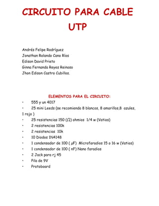 -187000-708409CIRCUITO PARA CABLE UTP00CIRCUITO PARA CABLE UTP<br />Andrés Felipe Rodríguez<br />Jonathan Rolando Cano Ríos<br />Edison David Prieto <br />Ginna Fernanda Reyes Reinoso<br />Jhon Edison Castro Cubillos.<br />ELEMENTOS PARA EL CIRCUITO:<br />•555 y un 4017<br />•25 mini Leeds (se recomienda 8 blancos, 8 amarillos,8  azules, 1 rojo )<br />•25 resistencias 150 (Ω) ohmios  1/4 w (Vatios)<br />•2 resistencias 100k<br />•2 resistencias  10k<br />•10 Diodos 1N4148<br />•1 condensador de 100 ( µF)  Microfaradios 15 o 16 w (Vatios)<br />•1 condensador de 100 ( nF) Nano faradios<br />•2 Jack para rj 45<br />•Pila de 9V<br />•Protoboard <br />555: Entre sus aplicaciones principales cabe destacar las de multivibrador astable (dos estados metaestables) y monoestable (un estado estable y otro metaestable), detector de impulsos, etcétera.<br />4017: Se trata de un contador/divisor o decodificador con 10 salidas. Estructuralmente está formado por un contador Johnson de 5 etapas que puede dividir o contar por cualquier valor entre 2 y 9, con recursos para continuar o detenerse al final del ciclo.<br />25 mini Leeds (se recomienda 8 blancos, 8 amarillos v, 8  azules, 1 rojo): Es un dispositivo semiconductor (diodo) que emite luz incoherente de espectro reducido cuando se polariza de forma directa la unión PN del mismo y circula por él una corriente eléctrica<br />25 resistencias 150 (Ω) ohmios  1/4 w (Vatios)<br />2 resistencias 100k<br />2 resistencias  10k:<br />Propiedad de un objeto o sustancia que hace que se resista u oponga al paso de una corriente eléctrica.<br />1 condensador de 100 Microfaradios 15 o 16 w <br />Un condensador de 10 microfaradios se usan para almacenar la carga, y moderar el voltaje de salida y las fluctuaciones de corriente en la salida rectificada.<br />1 condensador de 100 Nano faradios:<br />10 Diodos 1N4148: Conduce una corriente máxima de 0,2 Amperios y soporta una tensión inversa de 75 Voltios y es rápido ya que reacciona en solo 4 nanosegundos (10 elevado a -9). Se utiliza para muy variados propósitos a cualquier frecuencia. Suele ser de cristal.<br />2 Jack para rj 45: Están diseñados para conectar un cable UTP (Unshielded Twisted Pair [par Trenzado sin Blindaje]) para red Ethernet equipado con enchufes convencionales compatibles con el estándar RJ45.<br />Pila de 9V: Suministra al circuito el voltaje para que funcione.<br />Protoboard:<br />Es una especie de tablero con orificios, en la cual se pueden insertar componentes electrónicos y cables para armar circuitos. Como su nombre lo indica, esta tableta sirve para experimentar con circuitos electrónicos, con lo que se asegura el buen funcionamiento del mismo.<br />166306527749500<br />                            <br />PASOS<br />-82608251287PASO 1PASO 2-85090212090PASO 3PASO 4-92075233680PASO5PASO6-92075209550PASO 7PASO8-92075234950PASO 9PASO10-82608251287PASO 11PASO 12-85090212090PASO 13PASO 14-92075233680PASO 15PASO 16-92075209550PASO 17PASO 18-92075234950PASO 19PASO 20PASO 21PASO 22PASO 23 PASO 24<br />