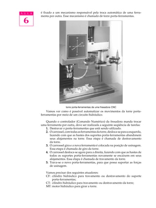 A U L A   é fixado a um mecanismo responsável pela troca automática de uma ferra-
          menta por outra. Esse mecanismo é chamado de torre porta-ferramentas.

 6




                              torre porta-ferramentas de uma fresadora CNC
              Vamos ver como é possível automatizar os movimentos da torre porta-
          ferramentas por meio de um circuito hidráulico.

             Quando o controlador (Comando Numérico) da fresadora manda trocar
          uma ferramenta por outra, deve ser realizada a seguinte seqüência de tarefas:
             1. Destravar o porta-ferramentas que está sendo utilizado.
             2. O carrossel, com todas as ferramentas da torre, desloca-se para a esquerda,
                fazendo com que as hastes dos suportes porta-ferramentas abandonem
                seus alojamentos na torre. Essa etapa é chamada de destravamento
                da torre.
             3. O carrossel gira e a nova ferramenta é colocada na posição de usinagem.
                Essa etapa é chamada de giro da torre.
             4. O carrossel desloca-se agora para a direita, fazendo com que as hastes de
                todos os suportes porta-ferramentas novamente se encaixem em seus
                alojamentos. Essa etapa é chamada de travamento da torre.
             5. Trava-se o novo porta-ferramentas, para que possa suportar as forças
                de usinagem.

              Vamos precisar dos seguintes atuadores:
              CF: cilindro hidráulico para travamento ou destravamento do suporte
                  porta-ferramentas;
              CT: cilindro hidráulico para travamento ou destravamento da torre;
              MT: motor hidráulico para girar a torre.
 