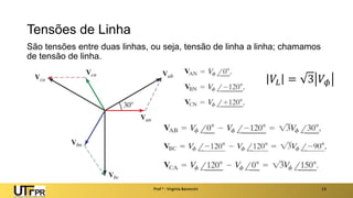 Tensões de Linha
São tensões entre duas linhas, ou seja, tensão de linha a linha; chamamos
de tensão de linha.
Prof a : Virgínia Baroncini 13
𝑉𝐿 = 3 𝑉𝜙
 