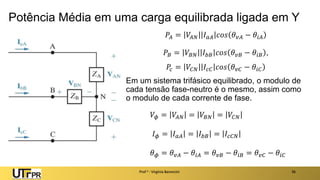Potência Média em uma carga equilibrada ligada em Y
𝑃𝐴 = 𝑉𝐴𝑁 𝐼𝑎𝐴 𝑐𝑜𝑠 𝜃𝑣𝐴 − 𝜃𝑖𝐴
𝑃𝐵 = 𝑉𝐵𝑁 𝐼𝑏𝐵 𝑐𝑜𝑠 𝜃𝑣𝐵 − 𝜃𝑖𝐵 ,
𝑃𝑐 = 𝑉𝐶𝑁 𝐼𝑐𝐶 𝑐𝑜𝑠 𝜃𝑣𝐶 − 𝜃𝑖𝐶
Em um sistema trifásico equilibrado, o modulo de
cada tensão fase-neutro é o mesmo, assim como
o modulo de cada corrente de fase.
𝑉𝜙 = 𝑉𝐴𝑁 = 𝑉𝐵𝑁 = 𝑉𝐶𝑁
𝐼𝜙 = 𝐼𝑎𝐴 = 𝐼𝑏𝐵 = 𝐼𝑐𝐶𝑁
𝜃𝜙 = 𝜃𝑣𝐴 − 𝜃𝑖𝐴 = 𝜃𝑣𝐵 − 𝜃𝑖𝐵 = 𝜃𝑣𝐶 − 𝜃𝑖𝐶
Prof a : Virgínia Baroncini 36
 