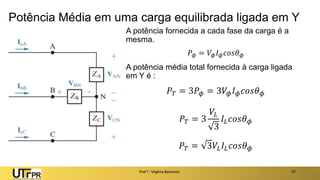 Potência Média em uma carga equilibrada ligada em Y
A potência fornecida a cada fase da carga é a
mesma.
𝑃𝜙 = 𝑉𝜙𝐼𝜙𝑐𝑜𝑠𝜃𝜙
A potência média total fornecida à carga ligada
em Y é :
𝑃𝑇 = 3𝑃𝜙 = 3𝑉𝜙𝐼𝜙𝑐𝑜𝑠𝜃𝜙
𝑃𝑇 = 3
𝑉𝐿
3
𝐼𝐿𝑐𝑜𝑠𝜃𝜙
𝑃𝑇 = 3𝑉𝐿𝐼𝐿𝑐𝑜𝑠𝜃𝜙
Prof a : Virgínia Baroncini 37
 