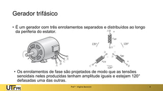 Gerador trifásico
• É um gerador com três enrolamentos separados e distribuídos ao longo
da periferia do estator.
Prof a : Virgínia Baroncini 4
• Os enrolamentos de fase são projetados de modo que as tensões
senoidais neles produzidas tenham amplitude iguais e estejam 120°
defasadas uma das outras.
 