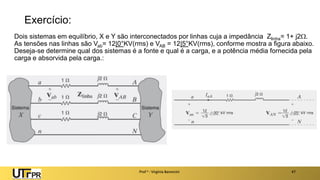 Exercício:
Dois sistemas em equilíbrio, X e Y são interconectados por linhas cuja a impedância Zlinha= 1+ j2.
As tensões nas linhas são Vab= 12|0°KV(rms) e VAB = 12|5°KV(rms), conforme mostra a figura abaixo.
Deseja-se determine qual dos sistemas é a fonte e qual é a carga, e a potência média fornecida pela
carga e absorvida pela carga.:
Prof a : Virgínia Baroncini 47
 