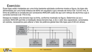 Exercício:
Duas lojas estão instaladas em uma linha bastante solicitada conforme mostra a figura. As lojas são
alimentadas por uma fonte trifásica de 60Hz em equilíbrio cuja a tensão de linha é de 13,8 kV rms. A
linha de potência é constituída por condutores #4ACSR (cabo de aço com reforço de alumínio) cuja a
corrente nominal é de 170 A rms.
Deseja-se instalar uma terceira loja na linha, conforme mostrado na figura. Determine (a) se o
condutor #4ACSR permite a instalação dessa terceira loja, e (b) o valor dos capacitores, conectados
em estrela, necessários para alterar o fator de potência global das três lojas para 0,92 em atraso.
Prof a : Virgínia Baroncini 49
 