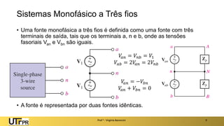 Sistemas Monofásico a Três fios
• Uma fonte monofásica a três fios é definida como uma fonte com três
terminais de saída, tais que os terminais a, n e b, onde as tensões
fasoriais Van e Vbn são iguais.
Prof a : Virgínia Baroncini 9
• A fonte é representada por duas fontes idênticas.
𝑉
𝑎𝑛 = 𝑉𝑛𝑏 = 𝑉1
𝑉𝑎𝑏 = 2𝑉
𝑎𝑛 = 2𝑉𝑛𝑏
𝑉
𝑎𝑛 = −𝑉𝑏𝑛
𝑉
𝑎𝑛 + 𝑉𝑏𝑛 = 0
 