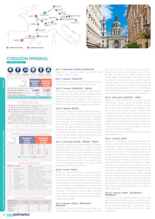 berlín

frankfurt
innsbruck
BEAUNE

parís

LIMOGES

berna

LUCERNA

DRESDE
praga
bratislava
viena
SALZBURGO
budapest

TOULOUSE
BARCELONA

ZARAGOZA

Madrid

Ciudad de inicio de circuito.

Ciudades de fin de circuito.

corazón imperial
SERIE TURÍSTICA

64

$

EUROPA

Maleteros
Incluidos

Salidas
Garantizadas

5%

Descuento
Venta Anticipada
más de 60 días

5%

Descuento
3ª Persona

Descuento
Seniors
mayores de 65 años

Inicio
FRANKFURT
Fin
parís
15 días
Duración
Precios por persona Hab. Doble

Temporada Media...........
1.689
Temporada Alta...............
1.816
Supl. hab. individual........
682
Descuento Venta Anticipada...
50

Seguro
Asistencia
en Viaje

FRANKFURT
MADRID
19 días
Us dólares

2.163
2.346
875
64

EL PRECIO INCLUYE
✔		
Seguro de asistencia en viaje, incluye
gastos sanitarios hasta 100.000€.
✔		 Recepción en aeropuerto y traslado al hotel.
✔		 Alojamiento con desayuno buffet. Servicio
de maleteros incluido excepto en Toulousse
Barcelona y Madrid.
✔		 Guía acompañante durante todo el viaje.
✔		 Visita con guía local en Berlín, Praga,
Budapest, Viena, París, Barcelona y Madrid.
✔		 Tasas turísticas por estancia en Barcelona.

ALEMANIA-CHEQUIA-ESLOVAQUIA-HUNGRIA-AUSTRIA-SUIZA-FRANCIA-ESPAÑA

EL PRECIO NO INCLUYE TARIFAS AÉREAS

102

Fechas de Salida desde ámerica
Inicio
Fin
Duración

FRANKFURT
parís
15 días
May
15 29
Jun
12 26
Jul
10 24
Ago
7 21
Sep
4 18
Oct
2 16

FRANKFURT
MADRID
19 días
May 15
Jul
Ago
Sep
Oct

24
7 21
4 18
2 16

l Temporada Media l Temporada Alta

HOTELES PREVISTOS
Noches Ciudad

1
2
2
1
2
1
1
3
1
1
2

Hotel

Mercure Residenz
(Turista Sup.)
Mercure City West (Turista)
Barcelo (Turista Sup.)
Atrium (Turista Sup.)
Star Inn (Turista)
Alphotel (Turista Sup.)
Ambassador (Turista Sup.)
Suite Home Pantin (Turista)
Balladins (Turista)
Catalonia Atenas (Turista)
Puerta Toledo (Turista)

FRANKFURT
BERLíN
PRAGA
BUDAPEST
VIENA
INNSBRUCK
berna
PARíS
touloUse
barcelona
madrid

SUPLEMENTO NOCHE ADICIONAL
Alojamiento y
desayuno por
persona en:

Frankfurt.........
París.................
Madrid.............

Doble

56
90
80

pullmantur

Triple

55
90
77

Indiv.

98
163
125

Día 1.º: (Miércoles): AMERICA-FRANKFURT
Salida de su ciudad de origen con destino final
Frankfurt. Noche a bordo.
Día 2.º: (Jueves): FRANKFURT
Llegada al aeropuerto de Frankfurt. Asistencia y traslado al hotel. Alojamiento. Resto del día libre.
Día 3.º: (Viernes): FRANKFURT - BERLÍN
Desayuno y salida hacia la capital de Alemania, Berlín, ciudad que ha sabido aunar un pasado donde
todavía es visible la huella de la postguerra, con un
presente cosmopolita y moderno, que se ha convertido en punto de encuentro de las nuevas tendencias artísticas europeas. Llegada y alojamiento.
Día 4.º: (Sábado): BERLÍN
Desayuno y alojamiento. Salida para efectuar la visita panorámica de la ciudad con guía local que nos
adentrará en su historia. Recorreremos los lugares
más importantes de la capital alemana: Puerta de
Brandemburgo, el Parlamento Reichstag, el Checkpoint Charlie, la Columna de la Victoria, la Iglesia
Memorial del Káiser Wilhelm, los restos del Muro
de Berlín, la calle Bajo los tilos (Unter den Linden)
y la Catedral protestante (Berliner Dom). Tarde libre
durante la que podrán seguir disfrutando de esta
histórica pero a la vez moderna ciudad.
Día 5.º: (Domingo): BERLÍN - DRESDE - PRAGA
Desayuno y salida hacia Dresde capital de Sajonia,
hermosa ciudad a orillas del río Elba conocida
mundialmente como la ciudad del Barroco. Tiempo
libre para recorrerla y admirar la Iglesia de Nuestra
Señora, el monumento mas representativo contra
la guerra y desde cuya cúpula hay una inmejorable
vista panorámica de la ciudad. Continuación hacia
la frontera Checa para llegar a la impresionante
capital del país, Praga. Alojamiento.
Día 6.º: (Lunes): PRAGA
Desayuno y alojamiento. Por la mañana vista panorámica de esta impresionante joya monumental,
una de las ciudades más bellas de Europa. Recorreremos sus calles y monumentos más interesantes,
como el Teatro Nacional, la plaza de Wenceslao, la
famosa Plaza de la Ciudad Vieja con su reloj astronómico, la Iglesia de la Señora de Thyn y el Puente
de Carlos, el más famoso de la ciudad. Tarde libre
para seguir conociendo a fondo sus pintorescas
calles, realizar compras, incluso asistir al auténtico y
original Teatro Negro.
Día 7.º: (Martes): PRAGA - BRATISLAVA BUDAPEST
Desayuno y salida hacia Eslovaquia para llegar a su
capital Bratislava, a orillas del río Danubio. Tiempo

libre para conocer su atractivo centro histórico y
admirar su famoso Castillo situado en una colina,
la parte más alta de la ciudad, visible prácticamente desde cualquier punto. Esta bonita ciudad
de pequeñas dimensiones es un deleite para los
sentidos, calle tras calle se puede palpar su historia
y grandeza. A la hora convenida, continuación del
viaje hasta llegar a Budapest. En la noche tendremos
posibilidad de efectuar, opcionalmente, un agradable paseo fluvial por el río Danubio. Alojamiento.
Día 8.º: (Miércoles): BUDAPEST - VIENA
Desayuno. Visita panorámica con guía local de
esta singular ciudad, capital de Hungría, dividida
en dos partes por el Río Danubio : Buda, la antigua
sede real y zona residencial más elegante en lo
alto de una colina, donde destaca el Palacio Real
y el Bastión de los Pescadores y Pest, en la llanura,
corazón económico y comercial de la ciudad, con
su impresionante Parlamento, Plaza de los Héroes y
la elegante Avenida Andrassy. Enorme puentes unen
ambas orillas. Recorreremos sus calles repletas de
historia para descubrir por qué Budapest es conocida como “La Perla del Danubio”.
Tiempo libre y a la hora fijada salida hacia la Imperial
Viena. Alojamiento.
Día 9.º: (Jueves): VIENA
Desayuno y alojamiento. Visita panorámica de esta
histórica ciudad que fuera capital del Imperio Austro-Húngaro, inmortalizada en bellos valses de
Strauss. Recorreremos su avenida más espectacular
en forma de anillo, en la que bellos palacios se
suceden uno detrás del otro, destacando la Opera,
el Ayuntamiento, el Palacio Real de Invierno llamado Hofburg, Iglesia Votiva. Cruzando el Danubio,
llegaremos hasta la Sede de las Naciones Unidas,
pasaremos por el Prater con la famosa noria, la
espectacular Karls Platz con la Iglesia de San Carlos
Borromeo, Musikverein sede de la Filarmónica de
Viena en cuya sala de oro (Goldener Saal) se celebra
cada año nuevo el famoso concierto. Sin olvidar el
enorme y florido parque que contiene los Palacios
del Bellvedere. A continuación, posibilidad de visitar
opcionalmente el interior y los jardines del impresionante Palacio de Verano Schönbrunn y la Opera de
Viena. Tarde libre.
Día 10.º: (Viernes): VIENA - SALZBURGO INNSBRUCK
Desayuno y salida hacia Salzburgo. Tiempo libre
para recorrer esta bella ciudad, cuna de Mozart y
Patrimonio de la Humanidad por su centro histórico
de los mejores conservados. Continuación hacia
Innsbruck, capital del Tirol corazón de los Alpes.
Alojamiento.

 