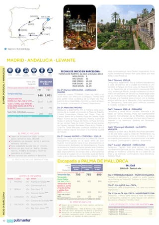 zaragoza

barcelona

Madrid
valencia

córdoba
GRANADA

alicante

SEVILLA

Ciudad de inicio y fin del circuito: Barcelona.

ESPAÑA, PORTUGAL Y MARRUECOS

MADRID · ANDALUCIA · LEVANTE
20

$
Maleteros
Incluidos

Salidas
Garantizadas

Descuento
Venta Anticipada
más de 60 días

FECHAS DE INICIO EN BARCELONA:

5%

5%

Descuento
3ª Persona

Descuento
Seniors
mayores de 65 años

barcelona
7 días

Inicio y fin
Duración
Precios por persona Hab. Doble

Temporada Baja.........................

Seguro
Asistencia
en Viaje

Us dólares
«C»

«t»

946 1.051

Temporada Alta
(Salidas Jul., Ago., Sep. y Oct.)......
“Supl. S. Santa y Supl. Feria de
Sevilla 2013 (Salidas 26 de Mar. y
16 de Abr.)”....................................
Supl. hab. individual..................

1.017

1.135

112

140

266

315
20

Descuento Venta Anticipada...............................	

EL PRECIO INCLUYE
✔		
Seguro de asistencia en viaje, incluye
gastos sanitarios hasta 100.000€	
✔		 Alojamiento con desayuno buffet y servicios
maleteros incluido.		
✔		 Guía acompañante durante todo el circuito.
✔		 Visita con guía local en Madrid, Córdoba,
Sevilla, Alhambra de Granada y recorrido
panorámico en Alicante.		
✔		 Tasa turística por estancia en Barcelona		

TODOS LOS MARTES de Abril a Octubre 2013
NOV (2013):	 5
DIC (2013):	 31
ENE (2014):	 14, 28
FEB (2014):	 11, 25
MAR (2014):	 11, 25
Día 1º (Martes) BARCELONA - ZARAGOZA MADRID
Salida de nuestra TERMINAL (Gran Vía, 645) a las
10.00 horas con dirección a Zaragoza. Tiempo libre
para poder visitar la Basílica de la Virgen del Pilar,
patrona de la Hispanidad y recorrer su casco antiguo.
Por la tarde, continuación a Madrid. Alojamiento.
Día 2º (Miércoles) MADRID
Desayuno y alojamiento. Por la mañana visita panorámica de la ciudad recorriendo la Plaza de España,
Ciudad Universitaria, Parque del Oeste, Casa de
Campo, Barrio de la Morería, Plaza de Oriente, Plaza
Mayor, Puerta del Sol, Neptuno, Atocha, Puerta de
Alcalá, el señorial Parque del Retiro, la Plaza de toros
de Las Ventas, Plaza de Colón, Paseo de la Castellana, Estadio Santiago Bernabeu, Plaza de La Cibeles y
Gran Vía. Tarde libre para continuar visitando la ciudad o realizar alguna excursión a la imperial ciudad
de Toledo.
Día 3º (Jueves) MADRID - CÓRDOBA - SEVILLA
Desayuno. Salida con dirección a La Mancha, donde
efectuaremos parada en la típica venta de Don
Quijote. Continuando hacia el sur, atravesaremos el
impresionante desfiladero de Despeñaperros, Puerta
de Andalucía. Nuestra próxima parada será Córdoba,
cuyo centro histórico es Patrimonio de la Humanidad. Dispondremos de tiempo libre y efectuaremos
la visita de la ciudad con un recorrido a pie del Barrio
Judío y de su famosa Mezquita (visita interior). Por la

Inicio barcelona BARCELONA MADRID
Fin madrid BARCELONA MADRID
3 días
3 días
3 días
Duración
Precios por persona Hab. Doble
Us dólares

HOTELES PREVISTOS
2

madrid

Tipo Hotel

«T» Puerta de Toledo
«C» Convención

INCIO EN BARCELONA

2

40

sevilla

«T» Don Paco

1

granada

«T» Alixares

HHH

HHHH

HHH

«C» Novotel Sevilla

HHHH

HHHH

«C» Corona de Granada
1

valencia

«T» Tryp Oceanic

HHHH

«C» Rey Don Jaime

pullmantur

HHHH

Día 4º (Viernes) SEVILLA
Desayuno y alojamiento. Por la mañana realizaremos
la visita panorámica de la ciudad recorriendo la Universidad, el Parque de María Luisa, La Plaza de América, los Pabellones de la Exposición Universal de 1929,
y los Jardines de Murillo, donde iniciaremos un recorrido a pie del Barrio de Santa Cruz, hasta llegar a dos
de los monumentos Patrimonio de la Humanidad:
el Alcázar y la Catedral (visita interior) con la Giralda,
antiguo alminar de la Mezquita y hoy transformado
en campanario. Tarde libre para continuar visitando
la ciudad y sus típicos barrios.
Día 5º (Sábado) SEVILLA - GRANADA
Desayuno y salida hacia Granada, asentada a las
faldas de Sierra Nevada. Visita del impresionante
conjunto monumental de la Alhambra, declarada
Patrimonio de la Humanidad, con sus bellos Palacios
Nazaríes y los hermosos Jardines del Generalife.
Alojamiento.
Día 6º (Domingo) GRANADA - ALICANTE VALENCIA
Desayuno y salida hacia Alicante. Recorrido panorámico de este bella ciudad a orillas del Mediterráneo. Su
excepcional localización entre la montaña y el mar y
sus majestuosas palmeras, le proporcionan una belleza singular. Continuación a Valencia. Alojamiento.
Día 7º (Lunes) VALENCIA - BARCELONA
Desayuno. Tiempo libre para recorrer la ciudad
mundialmente famosa por sus celebres Fallas y que
alberga el moderno conjunto de la Ciudad de Las
Artes y las Ciencias. Continuación hacia Barcelona.
FIN DEL VIAJE.

Escapada a PALMA DE MALLORCA

EL PRECIO NO INCLUYE TARIFAS AÉREAS

Noches Ciudad

tarde continuaremos hacia Sevilla. Alojamiento. En la
noche tendremos tiempo libre para pasear por esta
bella ciudad Andaluza.

HHHH

Temporada Baja...
795
765
809
Temporada
Media (Salidas
Jul., Sep. y Oct.)...
881
851
895
Temporada Alta
(Salidas S. Santa
24 al 31 de Mar.
y salidas Ago.
2013.....................
939
909
953
Supl. hab. individual............................
126
126
126
5% descuento a la tercera persona en habitación doble.

EL PRECIO INCLUYE
✔		
Seguro de asistencia en viaje, gastos sanitarios
hasta 100.000€
✔ Veo Mdi/acln - Pla d Mloc (d y rgeo
		 u l s a r d B r e o a a m e a l r a i a e r s )
✔		 Traslado Hotel aeropuerto en Madrid o Barcelona
✔		 Recepción en aeropuerto de Palma de Mallorca y
traslados aeropuerto-hotel y hotel-aeropuerto.
✔		 Alojamiento en régimen de media pensión

salidas
DIARIAS - Todo el año
“Día 1º: MADRID/BARCELONA - PALMA DE MALLORCA
Traslado al aeropuerto y salida en vuelo regular
hacia Palma de Mallorca. Traslado al hotel. Cena y
alojamiento.”
“Día 2º: PALMA DE MALLORCA
Desayuno, cena y alojamiento. Día Libre a su entera
disposición.”
“Día 3º: PALMA DE MALLORCA - MADRID/BARCELONA
Desayuno. Tiempo libre hasta la hora de traslado
al aeropuerto. Salida en vuelo regular con destino
Barcelona o Madrid. FIN DEL VIAJE”
2 NOCHES EN HOTEL CATALONIA MAJÓRICA HHHH
Noche adicional en Medida pensión, por persona en:

Habitación doble.................
Habitación Triple..................
Habitación Individual..........

126
119
238

 