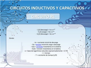 CIRCUITOS INDUCTIVOS Y CAPACITIVOS
- IL(t) (descarga) = Io x e-t/T
- VL(t) (carga) = Vo x e-t/T
- VL(t) (descarga) = Vo x e-t/T
Dónde:
- Io = corriente inicial de descarga
- Vo = tensión inicial de carga o descarga
- IL(t) = corriente instantánea en la bobina
- VL(t) = tensión instantánea en la bobina
- e = base de logaritmos naturales (aproximadamente = 2.73)
- t = tiempo
- T = constante de tiempo (L/R)
CIRCUITO RL
 