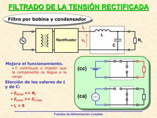 Fuentes de Alimentación Lineales
FILTRADO DE LA TENSIÓN RECTIFICADA
Filtro por bobina y condensador
Rectificador ve RL
iL
...