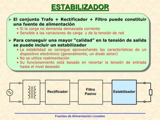 Fuentes de Alimentación Lineales
ESTABILIZADOR
 El conjunto Trafo + Rectificador + Filtro puede constituir
una fuente de ...