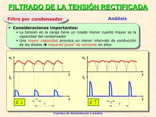 Fuentes de Alimentación Lineales
Filtro por condensadorFiltro por condensador
FILTRADO DE LA TENSIÓN RECTIFICADAFILTRADO DE LA TENSIÓN RECTIFICADA
Análisis
 Consideraciones importantes:
• La tensión en la carga tiene un rizado menor cuanto mayor es la
capacidad del condensador
• Una mayor capacidad provoca un menor intervalo de conducción
de los diodos  mayores“picos” de corriente en ellos
v2
t
t
iD
T1
T
v2
t
t
iD
T1
TC ↓ C ↑
 