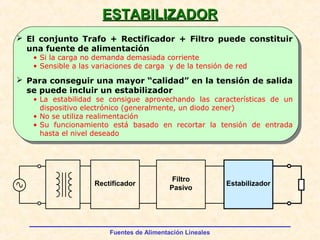 Fuentes de Alimentación Lineales
ESTABILIZADORESTABILIZADOR
 El conjunto Trafo + Rectificador + Filtro puede constituir
una fuente de alimentación
• Si la carga no demanda demasiada corriente
• Sensible a las variaciones de carga y de la tensión de red
 Para conseguir una mayor “calidad” en la tensión de salida
se puede incluir un estabilizador
• La estabilidad se consigue aprovechando las características de un
dispositivo electrónico (generalmente, un diodo zener)
• No se utiliza realimentación
• Su funcionamiento está basado en recortar la tensión de entrada
hasta el nivel deseado
Rectificador
Filtro
Pasivo
Estabilizador
 