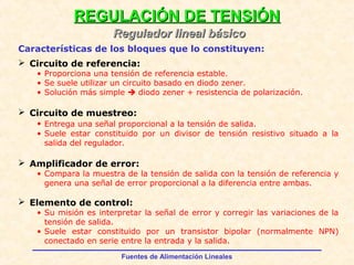Fuentes de Alimentación Lineales
REGULACIÓN DE TENSIÓNREGULACIÓN DE TENSIÓN
Regulador lineal básicoRegulador lineal básico
 Circuito de referencia:
• Proporciona una tensión de referencia estable.
• Se suele utilizar un circuito basado en diodo zener.
• Solución más simple  diodo zener + resistencia de polarización.
 Circuito de muestreo:
• Entrega una señal proporcional a la tensión de salida.
• Suele estar constituido por un divisor de tensión resistivo situado a la
salida del regulador.
 Amplificador de error:
• Compara la muestra de la tensión de salida con la tensión de referencia y
genera una señal de error proporcional a la diferencia entre ambas.
 Elemento de control:
• Su misión es interpretar la señal de error y corregir las variaciones de la
tensión de salida.
• Suele estar constituido por un transistor bipolar (normalmente NPN)
conectado en serie entre la entrada y la salida.
Características de los bloques que lo constituyen:
 