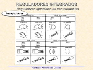 Fuentes de Alimentación Lineales
REGULADORES INTEGRADOSREGULADORES INTEGRADOS
Reguladores ajustables de tres terminalesReguladores ajustables de tres terminales
EncapsuladosEncapsulados
 