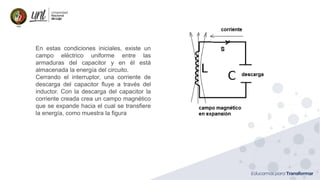 Ing. Marianela Carrión, Mg. Sc.
En estas condiciones iniciales, existe un
campo eléctrico uniforme entre las
armaduras del capacitor y en él está
almacenada la energía del circuito.
Cerrando el interruptor, una corriente de
descarga del capacitor fluye a través del
inductor. Con la descarga del capacitor la
corriente creada crea un campo magnético
que se expande hacia el cual se transfiere
la energía, como muestra la figura
 