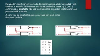 Para poder modificar este estado de memoria debo añadir entradas y así
cambiar el estado. Si llamamos a estas entradas R ( reset ) y S ( set )
obtenemos el biestable RS. Los biestables RS se pueden implementar con
puertas NOR y NAND.
A este tipo de biestables que son activos por nivel se les
denomina LATCH.
 