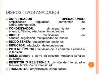 DISPOSITIVOS ANÁLOGOSAMPLIFICADOR OPERACIONAL: amplificación, regulación, conversión de señal, conmutación.CONDENSADOR: almacenamiento de energía, filtrado, adaptación impedancias.DIODO: rectificación de señales, regulación, multiplicador de tensión.DIODO ZENER: regulación de tensiones.INDUCTOR: adaptación de impedancias.POTENCIÓMETRO: variación de la corriente eléctrica o la tensión.RELÉ: apertura o cierre de circuitos mediante señales de control.RESISTOR O RESISTENCIA: división de intensidad o tensión, limitación de intensidad.TRANSISTOR: amplificación, conmutación.