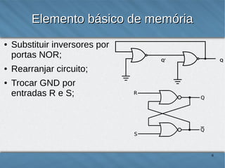 Elemento básico de memória
●

●
●

Substituir inversores por
portas NOR;
Rearranjar circuito;
Trocar GND por
entradas R e S;

6

 