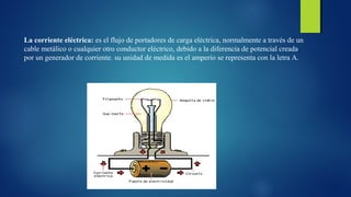 La corriente eléctrica: es el flujo de portadores de carga eléctrica, normalmente a través de un 
cable metálico o cualquier otro conductor eléctrico, debido a la diferencia de potencial creada 
por un generador de corriente. su unidad de medida es el amperio se representa con la letra A. 
 