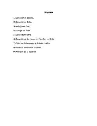 ESQUEMA
1) Conexión en Estrella.
2) Conexión en Delta.
3) Voltajes de fase.
4) voltajes de línea.
5) Conductor neutro.
6) Conexión de las cargas en Estrella y en Delta.
7) Sistemas balanceados y desbalanceados.
8) Potencia en circuitos trifásicos.
9) Medición de la potencia.
 