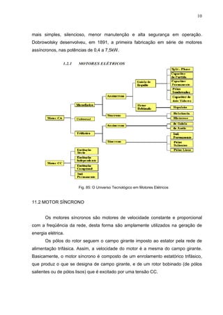10
mais simples, silencioso, menor manutenção e alta segurança em operação.
Dobrowolsky desenvolveu, em 1891, a primeira fabricação em série de motores
assíncronos, nas potências de 0,4 a 7,5kW.
Fig. 85: O Universo Tecnológico em Motores Elétricos
11.2 MOTOR SÍNCRONO
Os motores síncronos são motores de velocidade constante e proporcional
com a freqüência da rede, desta forma são amplamente utilizados na geração de
energia elétrica.
Os pólos do rotor seguem o campo girante imposto ao estator pela rede de
alimentação trifásica. Assim, a velocidade do motor é a mesma do campo girante.
Basicamente, o motor síncrono é composto de um enrolamento estatórico trifásico,
que produz o que se designa de campo girante, e de um rotor bobinado (de pólos
salientes ou de pólos lisos) que é excitado por uma tensão CC.
 