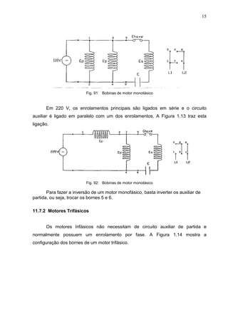 15
Fig. 91: Bobinas de motor monotásico
Em 220 V, os enrolamentos principais são ligados em série e o circuito
auxiliar é ligado em paralelo com um dos enrolamentos. A Figura 1.13 traz esta
ligação.
Fig. 92: Bobinas de motor monotásico
Para fazer a inversão de um motor monofásico, basta inverter os auxiliar de
partida, ou seja, trocar os bornes 5 e 6.
11.7.2 Motores Trifásicos
Os motores Irifásicos não necessitam de circuito auxiliar de partida e
normalmente possuem um enrolamento por fase. A Figura 1.14 mostra a
configuração dos bornes de um motor trifásico.
 