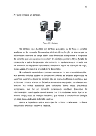 36
A Figura 6 mostra um contator.
Figura 121: Contator
Os contatos são divididos em contatos principais ou de força e contatos
auxiliares ou de comando. Os contatos prindpais têm a função de interromper ou
estabelecer a corrente de carga, assim suas dimensões acompanham a magnitude
da corrente que são capazes de conduzir. Os contatos auxiliares têm a função de
implementar a lógica de comando, interrompendo ou estabelecendo a corrente que
vai alimentar os dispositivos que fazem a seqüência lógica de operação da carga,
muitas vezes, limentando a própria bobina do contator.
Normalmente os contatores possuem apenas um ou nenhum contato auxiliar,
mas boutros contatos podem ser adicionados através de encaixes específicos na
superfície superior ou lateral do contator. São os chamados blocos de contatos, que
podem ser contatos abertos ou fechados ou contatos conjugados, um aberto e um
fechado. Há outros acessórios para contatores, como: bloco pneumático
temporizado, que faz um comando temporizado regulável; dispositivo de
intertravamento, que impede mecanicamente que dois contatores sejam ligados ao
mesmo tempo; bloco de retenção mecânica, que impede o contator de se desligar
em caso de queda brusca de tensão e outros.
Assim, é importante aplicar cada tipo de contator corretamente, conforme
categoria de emprego, observe a Tabela 5.
 