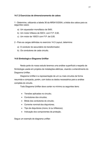 57
14.7.2 Exercícios de dimensionamento de cabos
1 - Determine, utilizando a tabela 36 da NR5410/2004, a bitola dos cabos para os
seguintes casos:
a) Um aquecedor monofásico de 5kW;
b) Um motor trifásico de 50CV, com F.P. 0,92.
c) Um motor de 100CV com F.P. de 0,85.
2 - Para as cargas definidas no exercício 14.3 Layout, determine:
a) O condutor do secundário do transformador;
b) Os condutores de cada circuito.
14.8 Simbologia e Diagrama Unifilar
Nesta parte do nosso estudo teremos uma análise superficial a respeito de
Simbologia usada em projetos de instalações elétricas, visando o entendimento do
Diagrama Unifilar.
Diagrama Unifilar é a representação de um ou mais circuitos de forma
resumida e compacta, porém, com todos os dados necessários para a análise
completa do circuito.
Todo Diagrama Unifilar deve conter no mínimo os seguintes itens:
• Tensões aplicadas no circuito;
• Condutores dos circuitos;
• Bitola dos condutores do circuito;
• Corrente nominal dos disjuntores;
• Tipo de disjuntores (mono, bi ou trifásicos);
• Indicação dos componentes de proteção.
Segue um exemplo de diagrama unifilar:
 