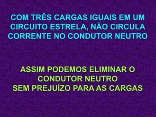 COM TRÊS CARGAS IGUAIS EM UM
CIRCUITO ESTRELA, NÃO CIRCULA
CORRENTE NO CONDUTOR NEUTRO
ASSIM PODEMOS ELIMINAR O
CONDUTOR NEUTRO
SEM PREJUÍZO PARA AS CARGAS
 