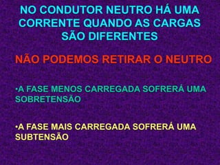 NO CONDUTOR NEUTRO HÁ UMA
CORRENTE QUANDO AS CARGAS
SÃO DIFERENTES
NÃO PODEMOS RETIRAR O NEUTRO
•A FASE MENOS CARREGADA SOFRERÁ UMA
SOBRETENSÃO
•A FASE MAIS CARREGADA SOFRERÁ UMA
SUBTENSÃO
 