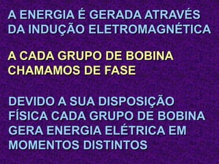 A ENERGIA É GERADA ATRAVÉS
DA INDUÇÃO ELETROMAGNÉTICA
A CADA GRUPO DE BOBINA
CHAMAMOS DE FASE
DEVIDO A SUA DISPOSIÇÃO
FÍSICA CADA GRUPO DE BOBINA
GERA ENERGIA ELÉTRICA EM
MOMENTOS DISTINTOS
 