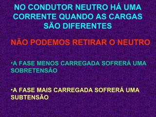 NO CONDUTOR NEUTRO HÁ UMA CORRENTE QUANDO AS CARGAS SÃO DIFERENTES NÃO PODEMOS RETIRAR O NEUTRO A FASE MENOS CARREGADA SOFRERÁ UMA SOBRETENSÃO A FASE MAIS CARREGADA SOFRERÁ UMA SUBTENSÃO 