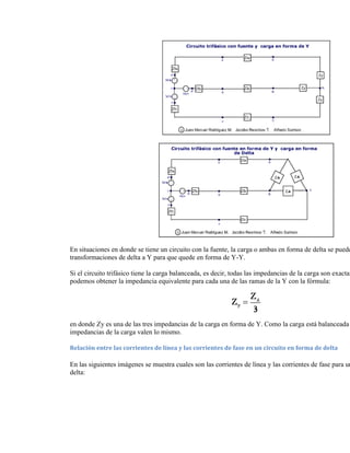 En situaciones en donde se tiene un circuito con la fuente, la carga o ambas en forma de delta se puede
transformaciones de delta a Y para que quede en forma de Y-Y.

Si el circuito trifásico tiene la carga balanceada, es decir, todas las impedancias de la carga son exactam
podemos obtener la impedancia equivalente para cada una de las ramas de la Y con la fórmula:




en donde Zy es una de las tres impedancias de la carga en forma de Y. Como la carga está balanceada
impedancias de la carga valen lo mismo.

Relación entre las corrientes de línea y las corrientes de fase en un circuito en forma de delta

En las siguientes imágenes se muestra cuales son las corrientes de línea y las corrientes de fase para un
delta:
 
