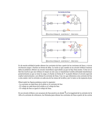 Es de mucha utilidad el poder obtener las corrientes de fase a partir de las corrientes de línea y vicever
involucren cargas o fuentes en forma de delta. La razón es que cuando en un circuito trifásico tenemos
delta no podemos obtener un circuito monofásico equivalente ya que no hay línea neutra. Como un cir
fácil de resolver que uno trifásico lo mejor en este caso es transformar la delta utilizando transformacio
posteriormente ya que se tiene la carga y la fuente en forma de Y se puede obtener el circuito equivale
explicó anteriormente y así obtener la corriente de línea. Una vez que obtenemos esta corriente de líne
a esta cuánto vale la corriente en cada una de las ramas de la delta y por lo tanto se da respuesta al prob

Observando las figuras podemos notar lo siguiente:
- La corriente en cada brazo de la delta es la corriente de fase
- El voltaje en cada brazo de la delta es el voltaje de fase.
- El voltaje de fase es igual al voltaje de línea.

En un circuito trifásico con secuencia de fase positiva en donde es la magnitud de la corriente de fas
AB es la corriente de referencia, las fórmulas para obtener las corrientes de línea a partir de las corrien
 