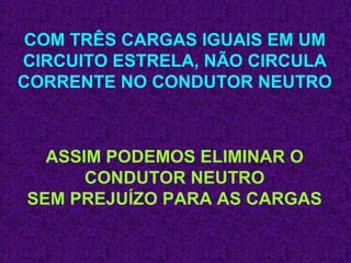 COM TRÊS CARGAS IGUAIS EM UM 
CIRCUITO ESTRELA, NÃO CIRCULA 
CORRENTE NO CONDUTOR NEUTRO 
ASSIM PODEMOS ELIMINAR O 
CONDUTOR NEUTRO 
SEM PREJUÍZO PARA AS CARGAS 
 