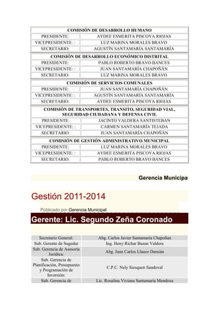 COMISIÓN DE DESARROLLO HUMANO
PRESIDENTE: AYDEE ESMERITA PISCOYA RIOJAS
VICEPRESIDENTE: : LUZ MARINA MORALES BRAVO
SECRETARIO: AGUSTÍN SANTAMARÍA SANTAMARÍA
COMISIÓN DE DESARROLLO ECONÓMICO DISTRITAL
PRESIDENTE: PABLO ROBERTO BRAVO BANCES
VICEPRESIDENTE: : JUAN SANTAMARÍA CHAPOÑÁN
SECRETARIO: LUZ MARINA MORALES BRAVO
COMISIÓN DE SERVICIOS COMUNALES
PRESIDENTE: JUAN SANTAMARÍA CHAPOÑÁN
VICEPRESIDENTE: : AGUSTÍN SANTAMARÍA SANTAMARÍA
SECRETARIO: AYDEE ESMERITA PISCOYA RIOJAS
COMISIÓN DE TRANSPORTES, TRANSITO, SEGURIDAD VIAL,
SEGURIDAD CIUDADANA Y DEFENSA CIVIL
PRESIDENTE: JACINTO VALDERA SANTISTEBAN
VICEPRESIDENTE: : CARMEN SANTAMARÍA TEJADA
SECRETARIO: JUAN SANTAMARÍA CHAPOÑÁN
COMISIÓN DE GESTIÓN ADMINISTRATIVO MUNICIPAL
PRESIDENTE: LUZ MARINA MORALES BRAVO
VICEPRESIDENTE: : AYDEE ESMERITA PISCOYA RIOJAS
SECRETARIO: PABLO ROBERTO BRAVO BANCES
Gerencia Municipa
Gestión 2011-2014
Públicado por Gerencia Municipal
Gerente: Lic. Segundo Zeña Coronado
Secretario General: Abg. Carlos Javier Santamaría Chapoñan
Sub. Gerente de Sugedur Ing. Heny Richar Bazan Valdera
Sub. Gerencia de Asesoría
Jurídica:
Abg. Juan Carlos Llauce Damián
Sub. Gerencia de
Planificación, Presupuesto
y Programación de
Inversión:
C.P.C. Nely Siesquen Sandoval
Sub. Gerencia de Lic. Rosalina Viviana Santamaría Mendoza
 