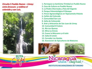 Circuito 5 Pueblo Nuevo – Limay:
entre frescura y neblina el
colorado y san Luis.
1. Parroquia La Santísima Trinidad en Pueblo Nuevo
2. Casa de Cultura en Pueblo Nuevo
3. La Piedra Chorreada y Pata del Gigante
4. Parque Paleontológico El Bosque
5. Fincas Agroecológicas en Tepesomoto-Patasta
6. Cañón del Colorado
7. Comunidad San Luis
8. Salto de Colocondo
9. Arte y Artesanías de San Juan de Limay
10. Comunidad El Calero
11. Río Los Quesos
12. Mina La Grecia
13. Cueva la Mocuana y el León
14. Salto El Limón
15. Corredor Las Gordas
16. Asociación de Apicultores de Mateares
 