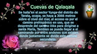 Cuevas de Qalaqala
Se halla en el sector Yunga del distrito de
Tarata, ocupa, se haya a 3066 metros
sobre el nivel del mar, el acceso es por el
camino prehispánico en uso, que se
desprende del camino inka para dirigirse a
santa María, Tambien se puede llegar a el
caminando por entre andenes que existen
donde justamente se divide este camino
secundario.
 