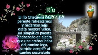 Río
ChacaviraEl río Chacavira nos
permite refrescarnos
y hacernos más
grata nuestra visita,
un simpático puente
enchapado en piedra
que une ambos lados
del camino inca,
permite acceder al
camino secundario
 
